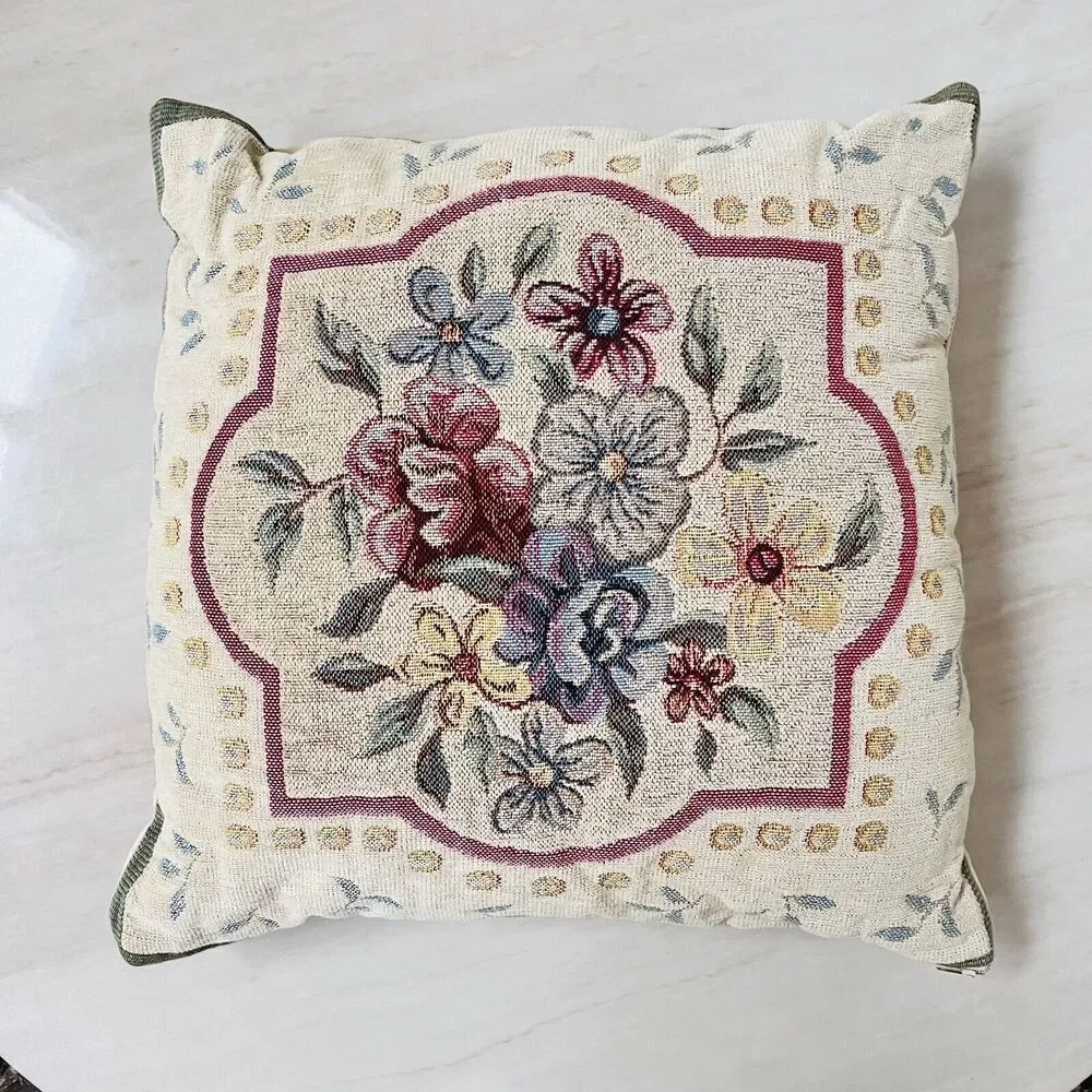 Vintage French Tapestry Floral Cushion CottageCore Needlepoint Made in France15”